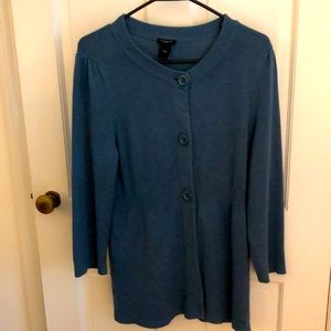 Ann Taylor perfect smoky blue fall cardigan with ribbed waist detail